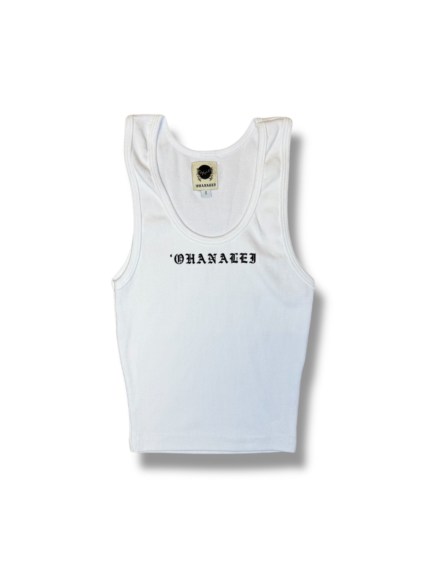 Ohanalei - “Old English Ohanalei” Womens Crop Tank - White