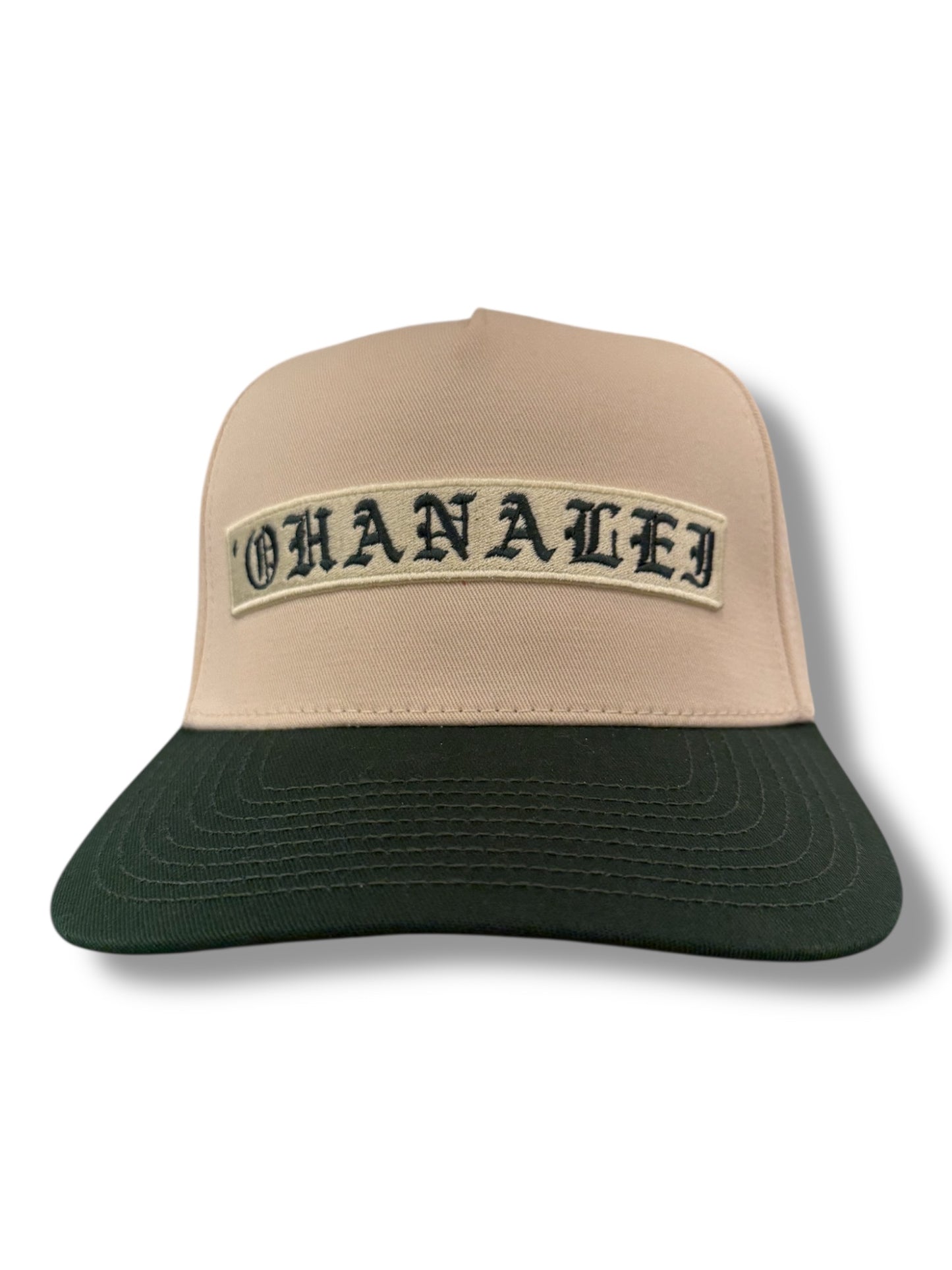 Old English “OHANALEI” Embroidered PATCH  Snapback Hat - Cream/Green