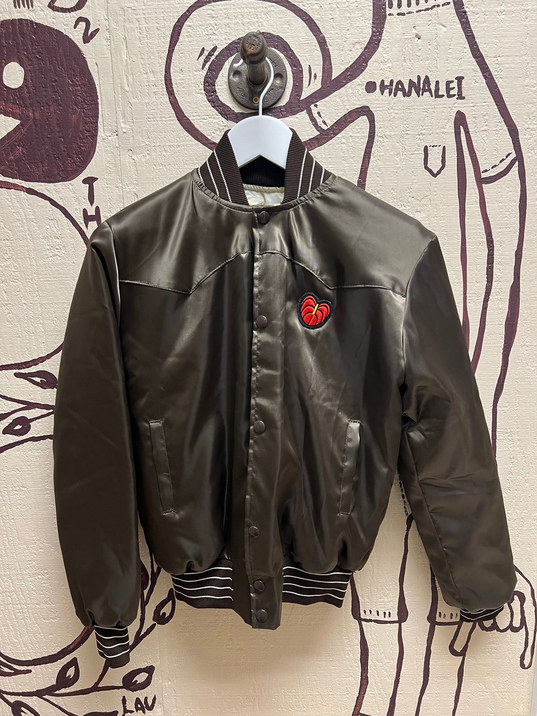Ohanalei Vintage- Brown Bomber Jacket / Anthurium Patch