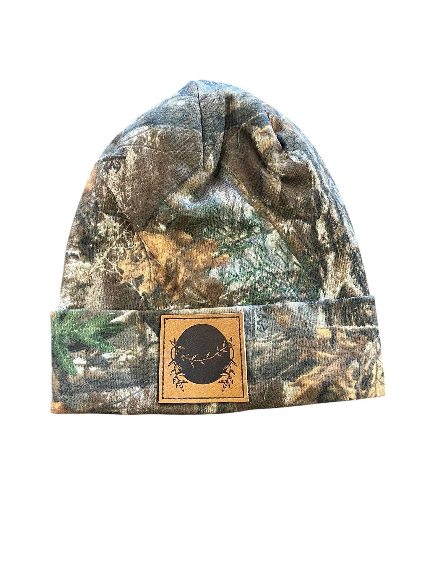 Ohanalei “Old English” Orange Patch + Leather “BlackPot” Patch on Camo Beanie