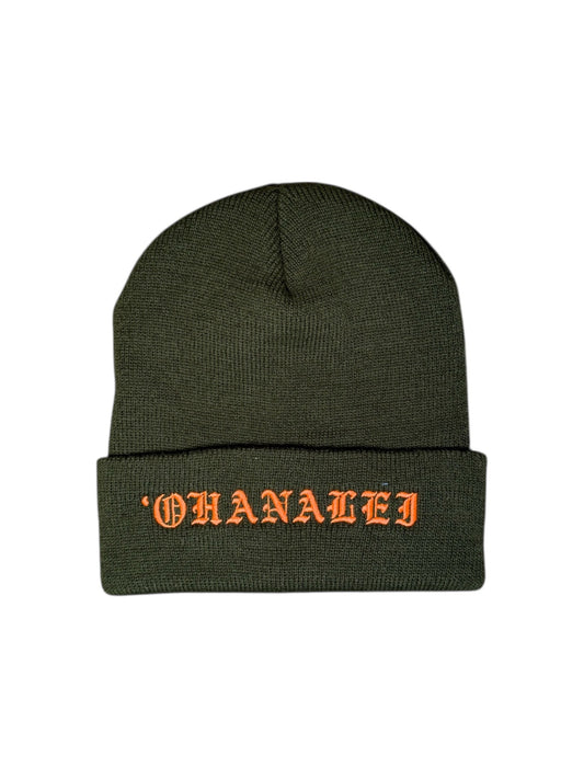Old English “OHANALEI” Embroidered Beanie - Olive