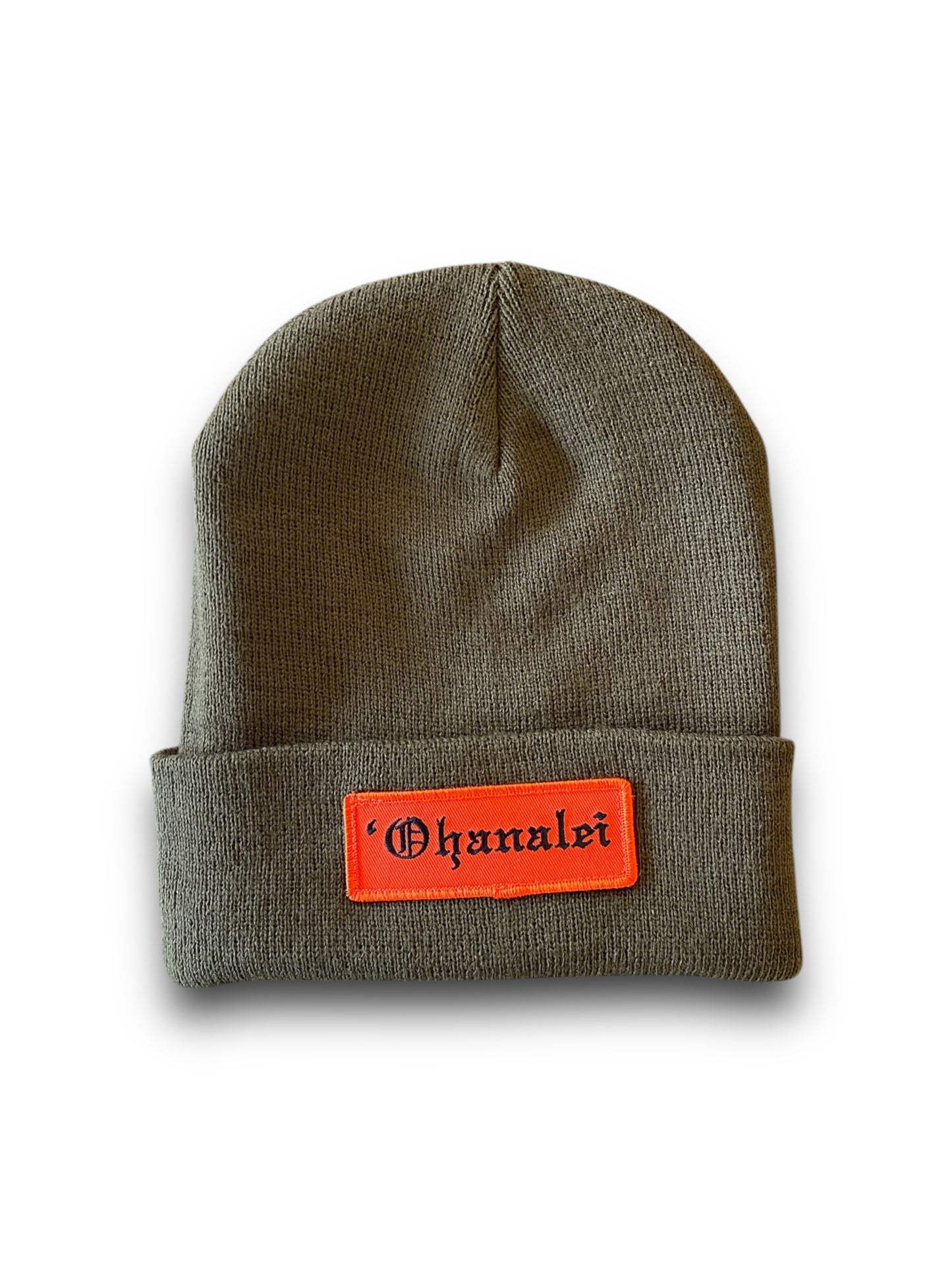 Ohanalei “Old English” Orange Patch on Army Green Beanie