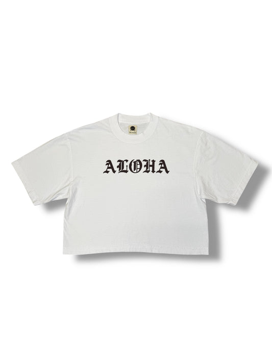 Ohanalei - Women’s “ALOHA” White Crop Tee