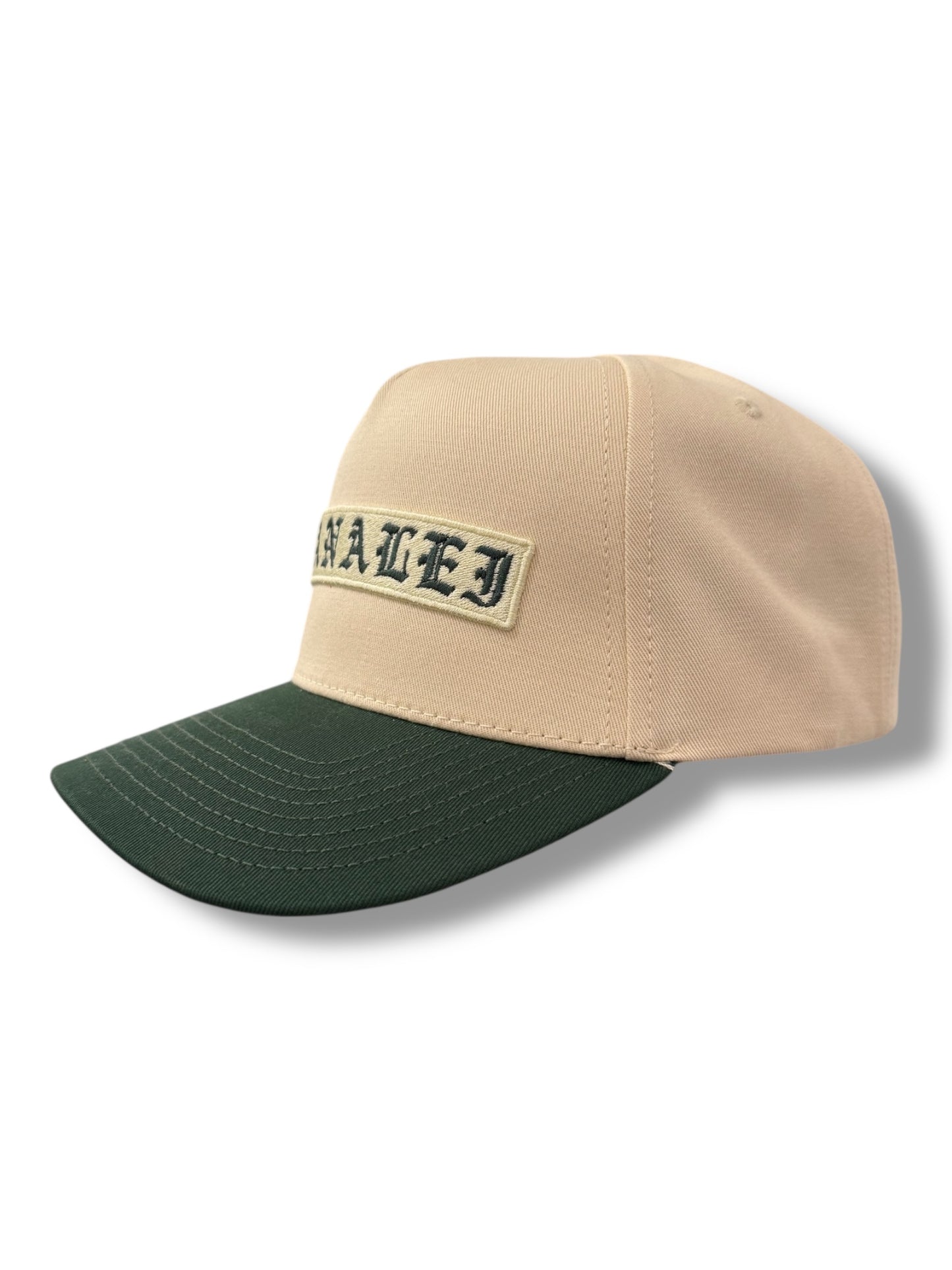 Old English “OHANALEI” Embroidered PATCH  Snapback Hat - Cream/Green